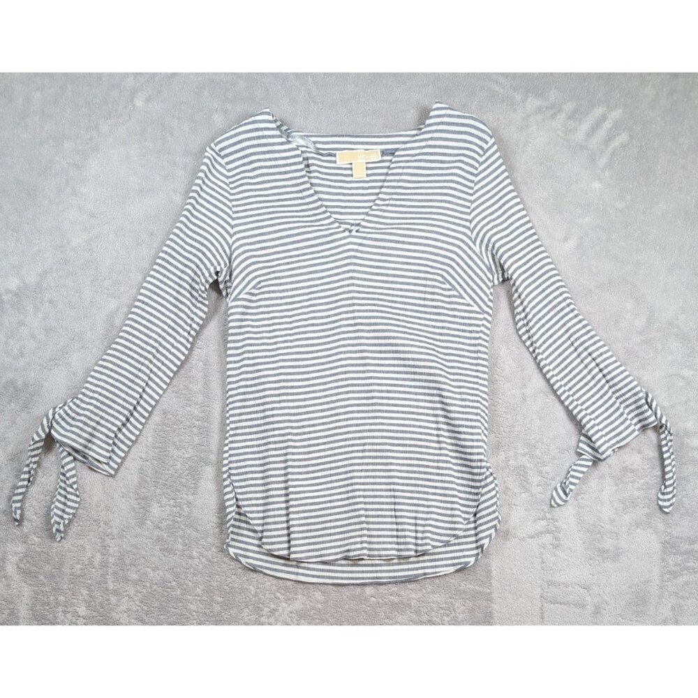 Michael Kors Blouse Womens Size Medium Blue Striped V Neck Wrist Tie